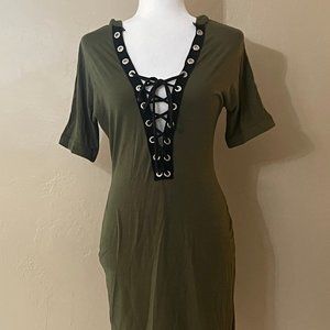Olive Green Knee Length Lace Up V Neck Hooded Dress 3/4 Sleeves Size Small NEW